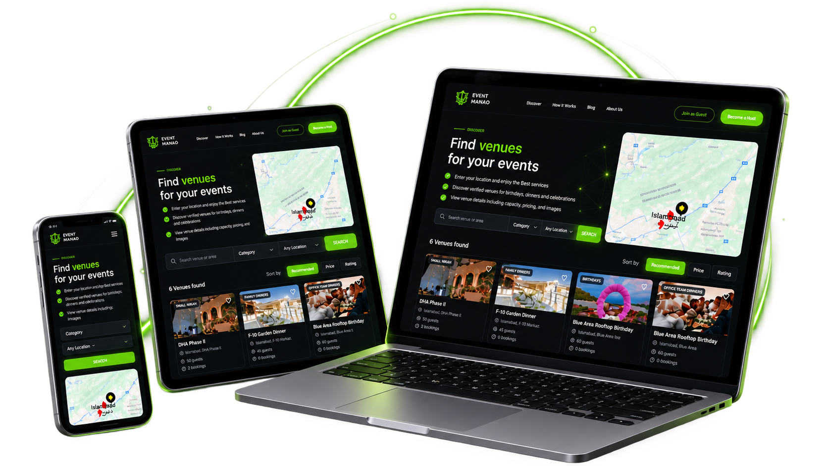 Event Manao responsive mockup on laptop, tablet, and mobile devices